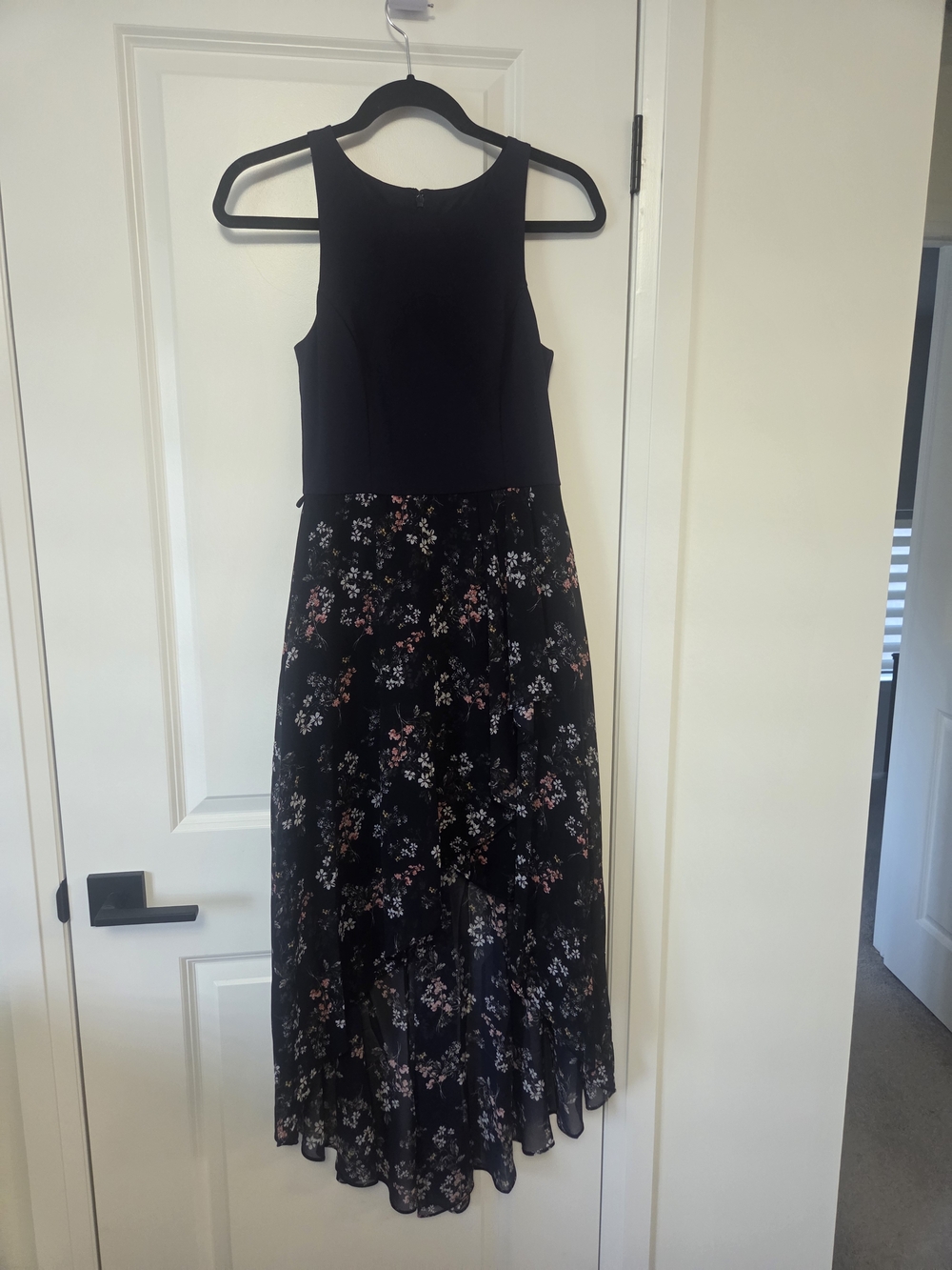 Ever New Black Sleeveless High-Low Dress with Pink Floral Skirt
